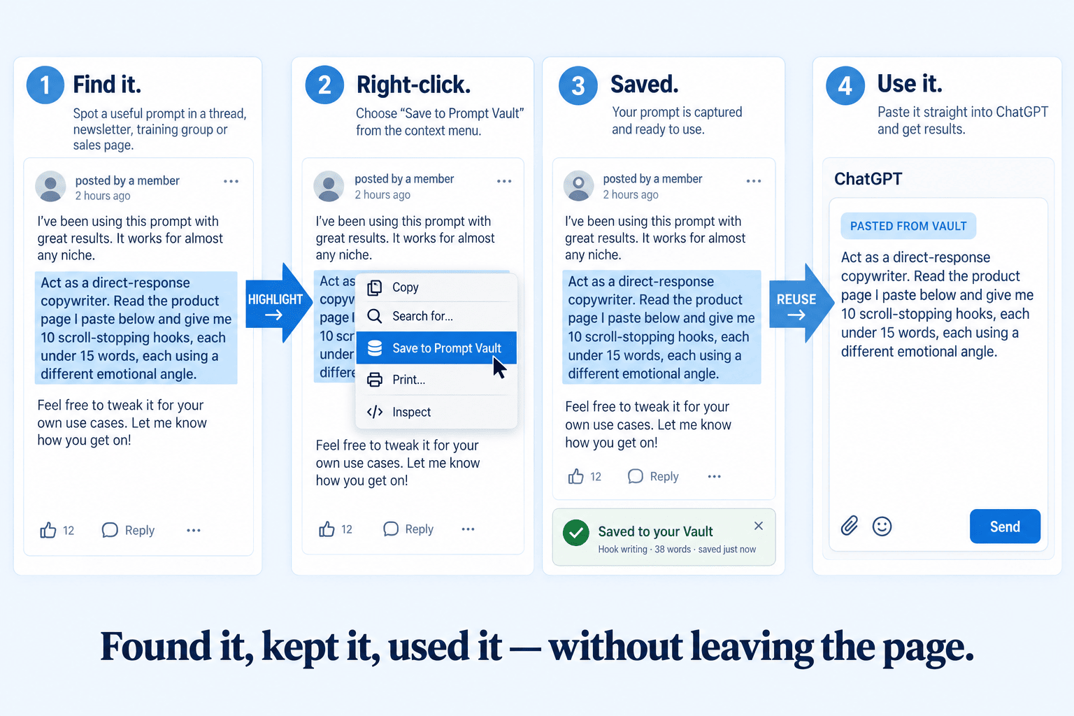 Highlighting a prompt on a page, right-clicking to save it to the Vault, the saved library, and pasting it into ChatGPT