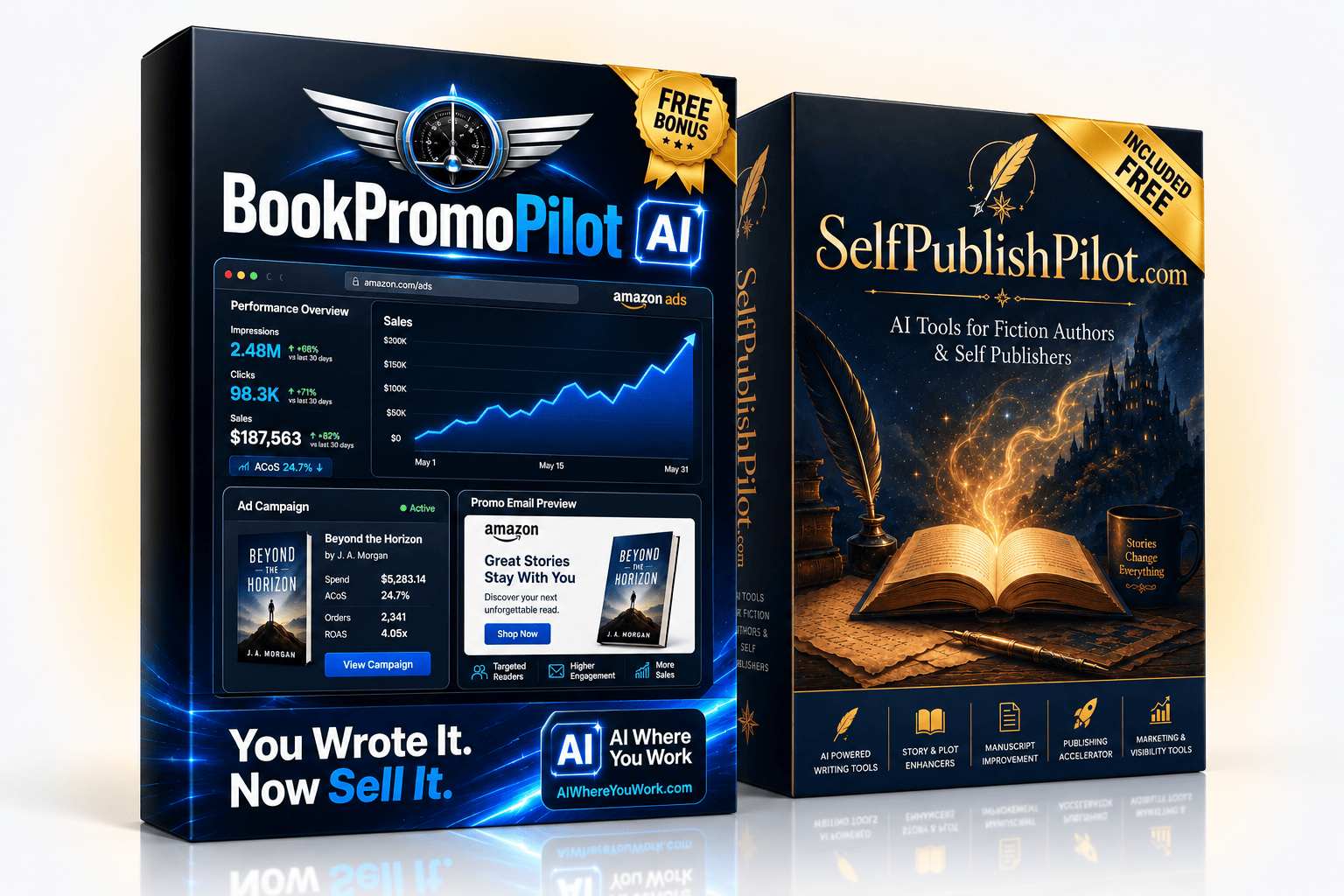 BookPromoPilot AI with the free SelfPublishPilot AI bonus — two complete browser extensions